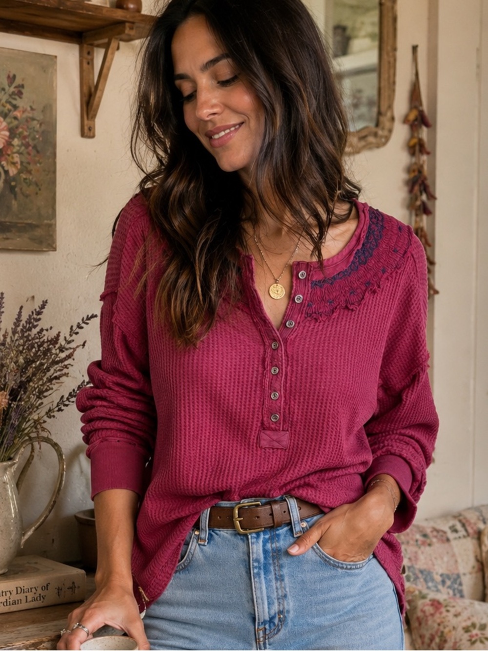 Free People We The Free Holly Henley Tunic Thermal Top Embroidered